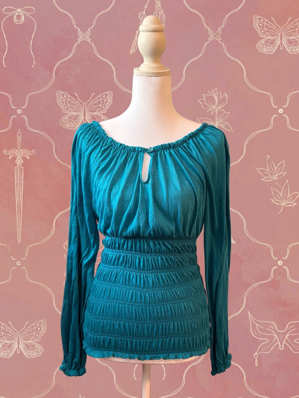 Teal Smocked Peasant Top